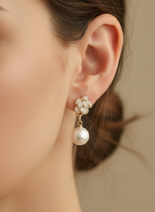 Gold Flower Charm Pearl Earrings ( SJ 90 )