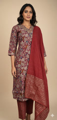 MAROON KURTHI SET WITH BLUE FLORAL EMBROIDERY V NECK (SU- 186)