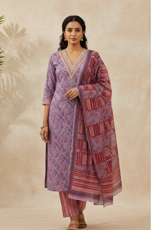 Lilac Kurta Set with Small Red Flowers (SU 138)