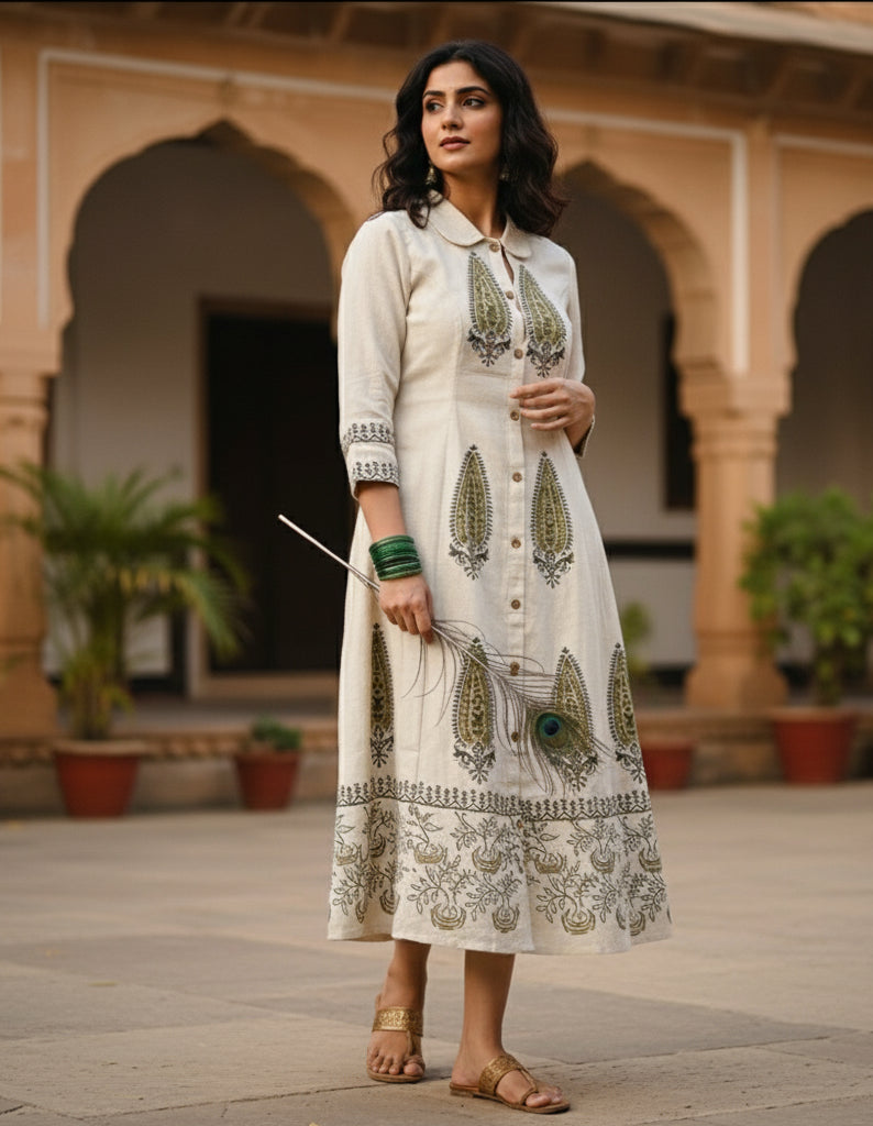 Off white Green leaf print Frock dress