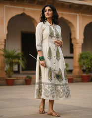 Off white Green leaf print Frock dress