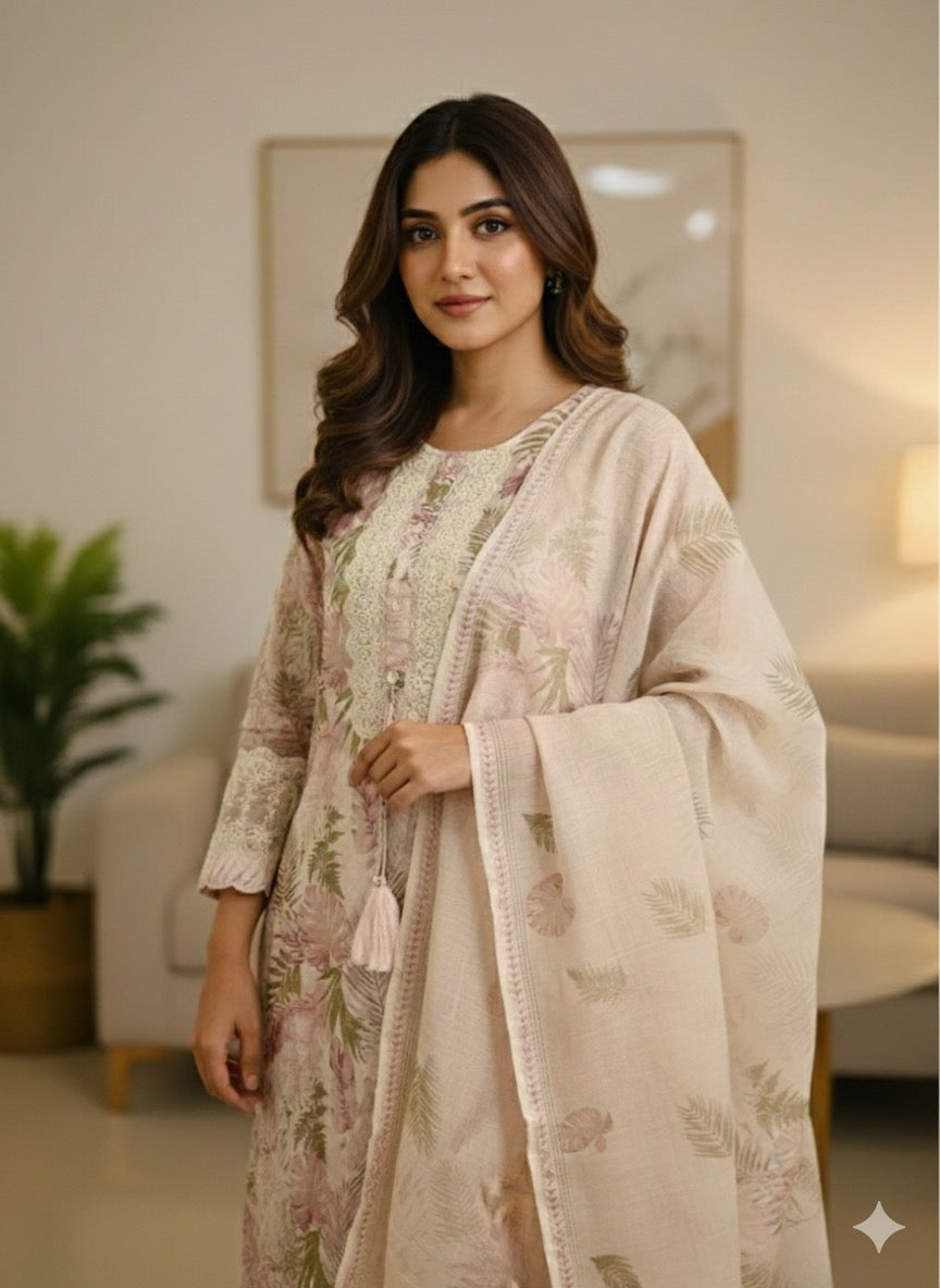 FLORAL PINK CREAM MIX KURTHA SET (SU 110)