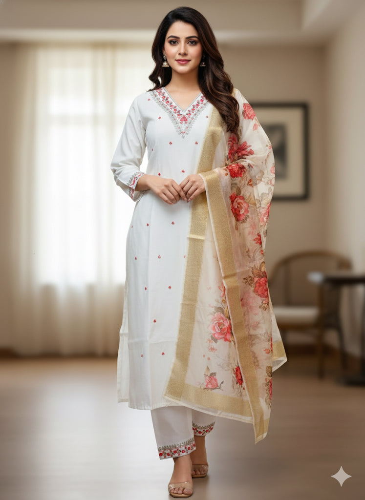 White Salwar Suit with floral Print Dupetta (SU 144)
