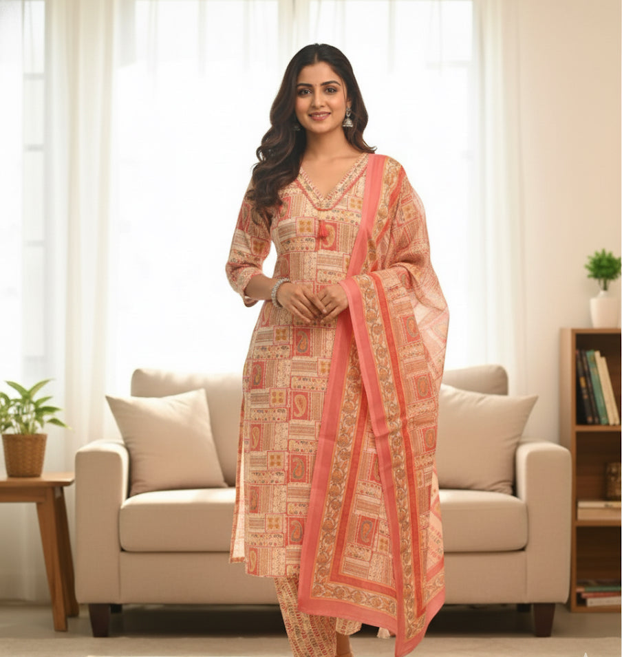 PINK WITH WHITE PRINT V NECK KURTHI SET (SU 168