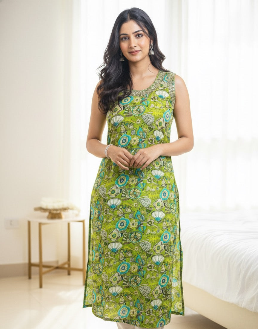 Lime Green Floral Print Kurta with Embellished Neck(Sleeves attached)-SU 33