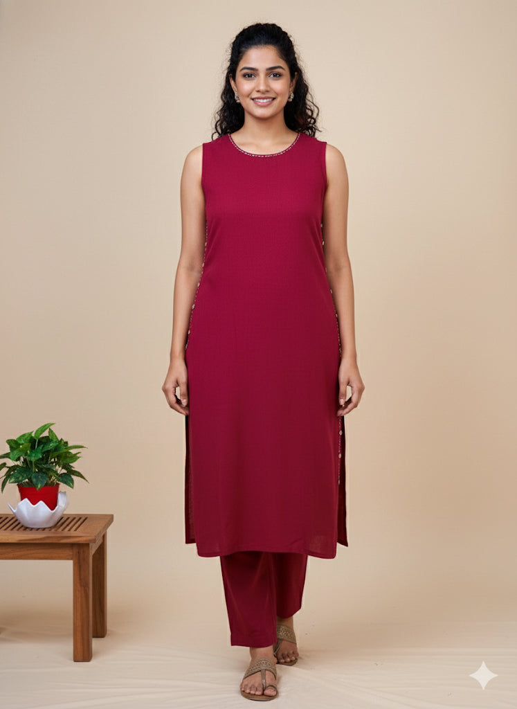 Solid Maroon Co-ord Set with Side Button Detailing (SU 335)