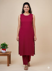 Solid Maroon Co-ord Set with Side Button Detailing (SU 335)