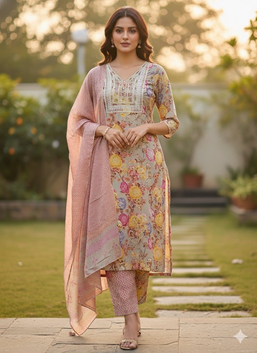 GREY  KURTHI SET WITH YELLOW ,PINK FLORAL PRINT (SU 172)