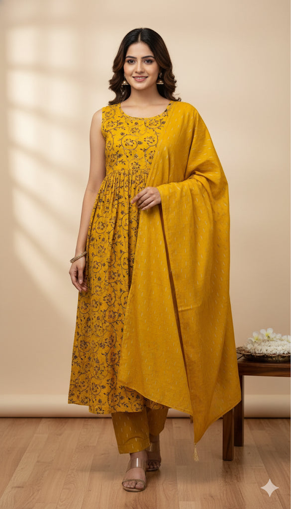 Yellow Kurthi Set(Sleeves Attached) - Affordable Kurtha Set ( su 383 )