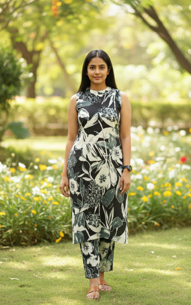 Black & White Abstract Floral Printed Co-ord Set - SU 414