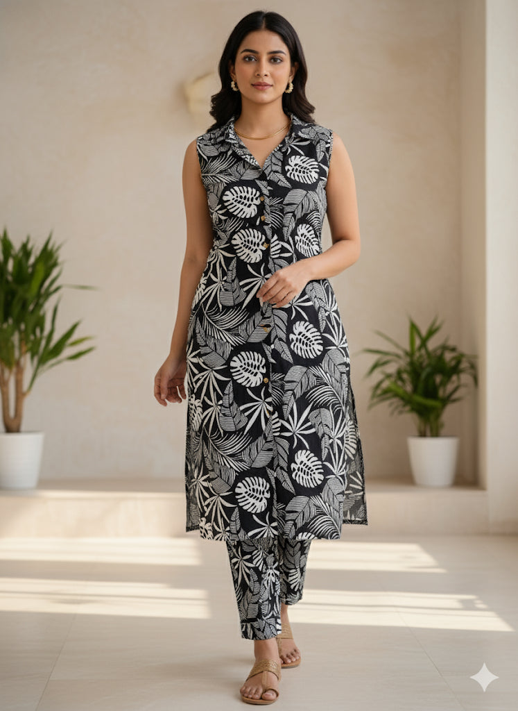 Tropical Black & White Leaves Co-ord Set (1/2 sleeves attached) - SU 339