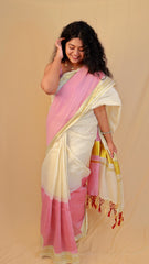 Purple & Off White Golden Border Cotton Set Saree with Tassels