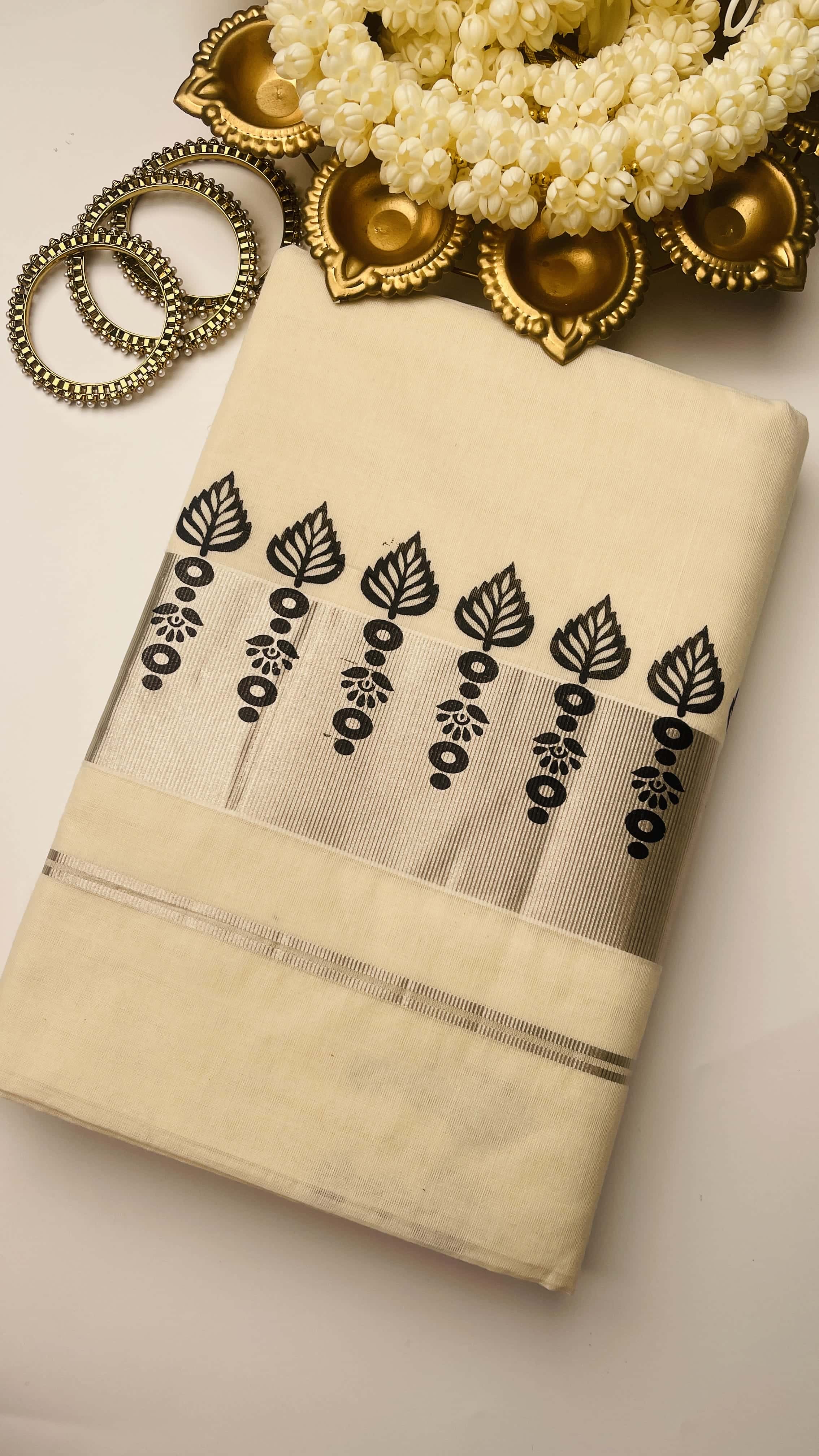 Black block print silver border saree