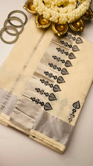 Black block print silver border saree