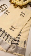 Black block print silver border saree