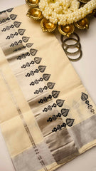 Black block print silver border saree