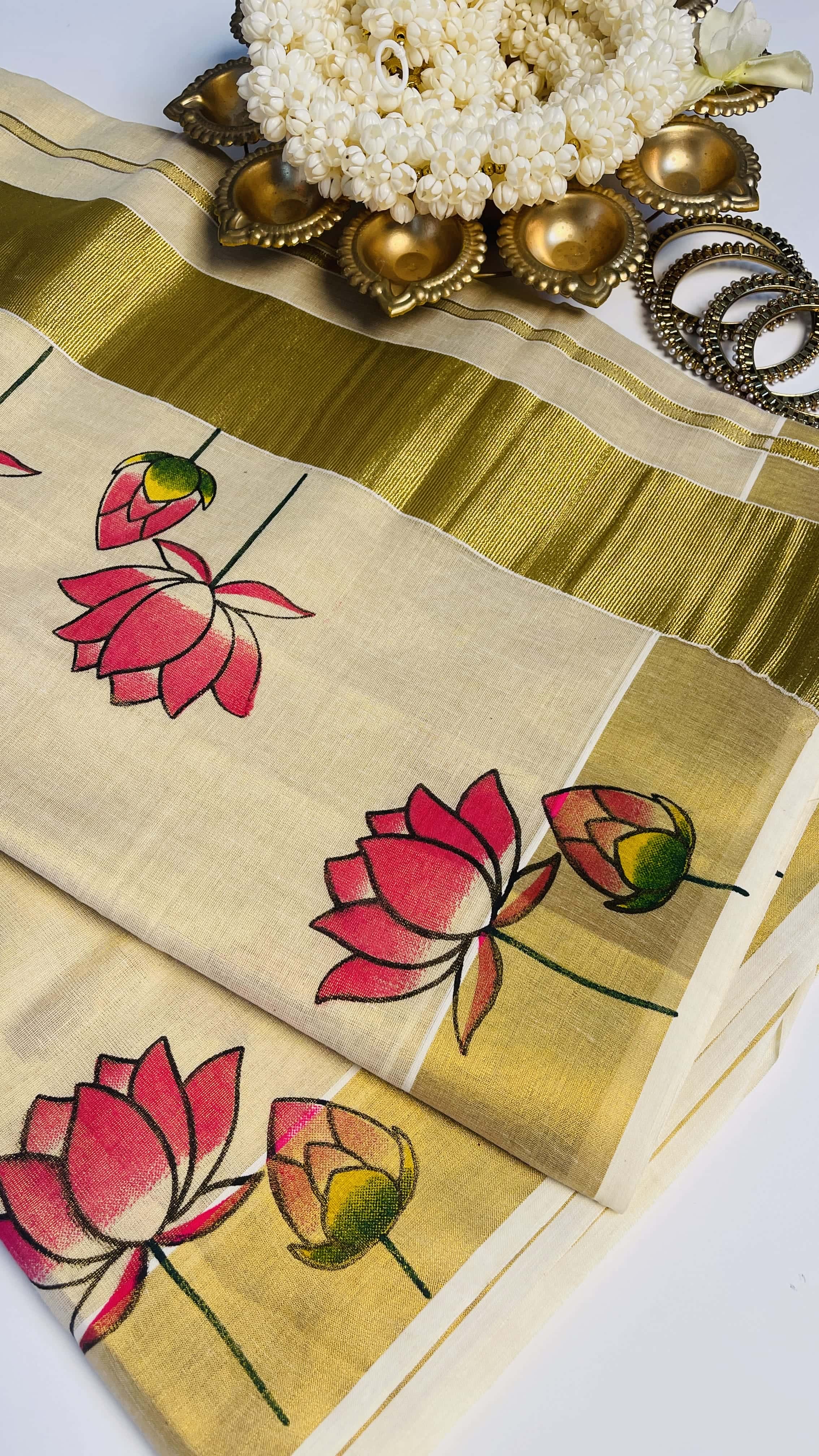 Pink Lotus Print Saree
