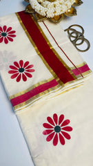 Red round flower print saree
