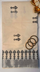 Black block print silver border saree