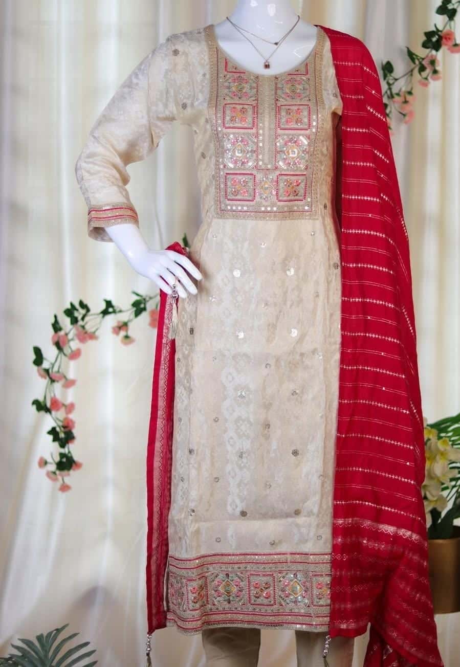 Cream premium salwar suit with Rani pink dupetta