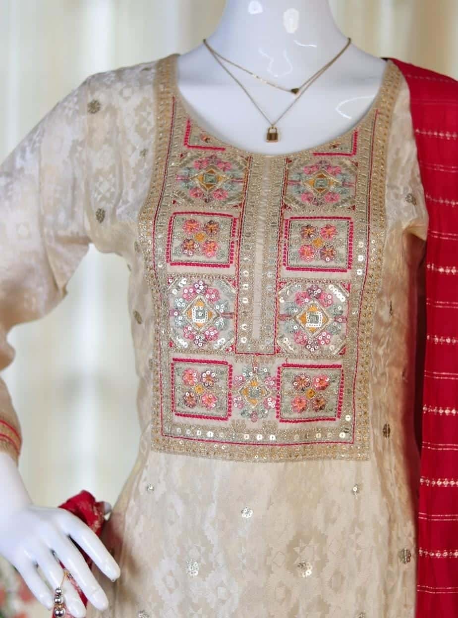 Cream premium salwar suit with Rani pink dupetta