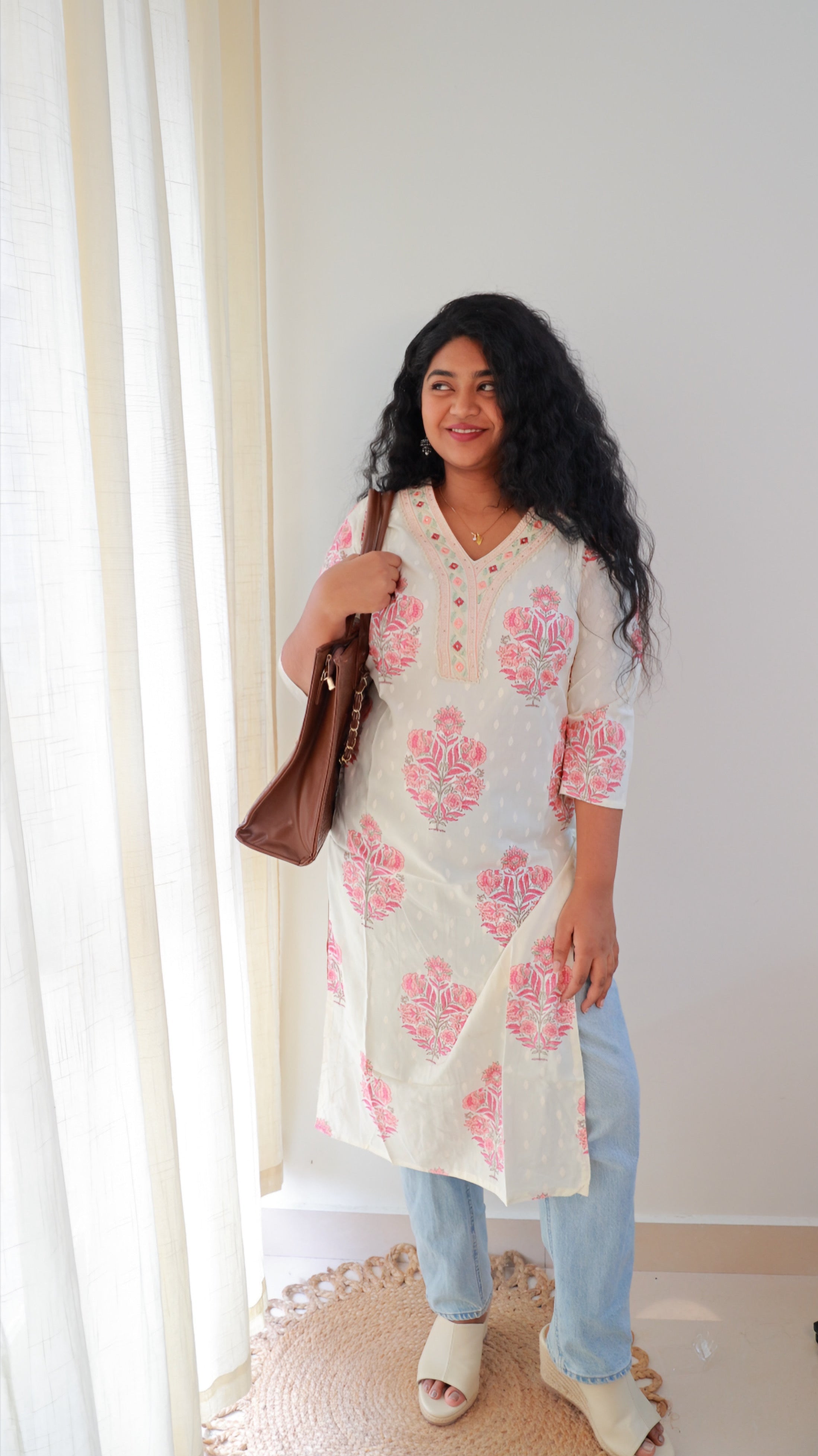 CREAM V-NECK SOFT RAYON FLORAL KURTA - SU 419