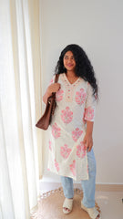 CREAM V-NECK SOFT RAYON FLORAL KURTA - SU 419