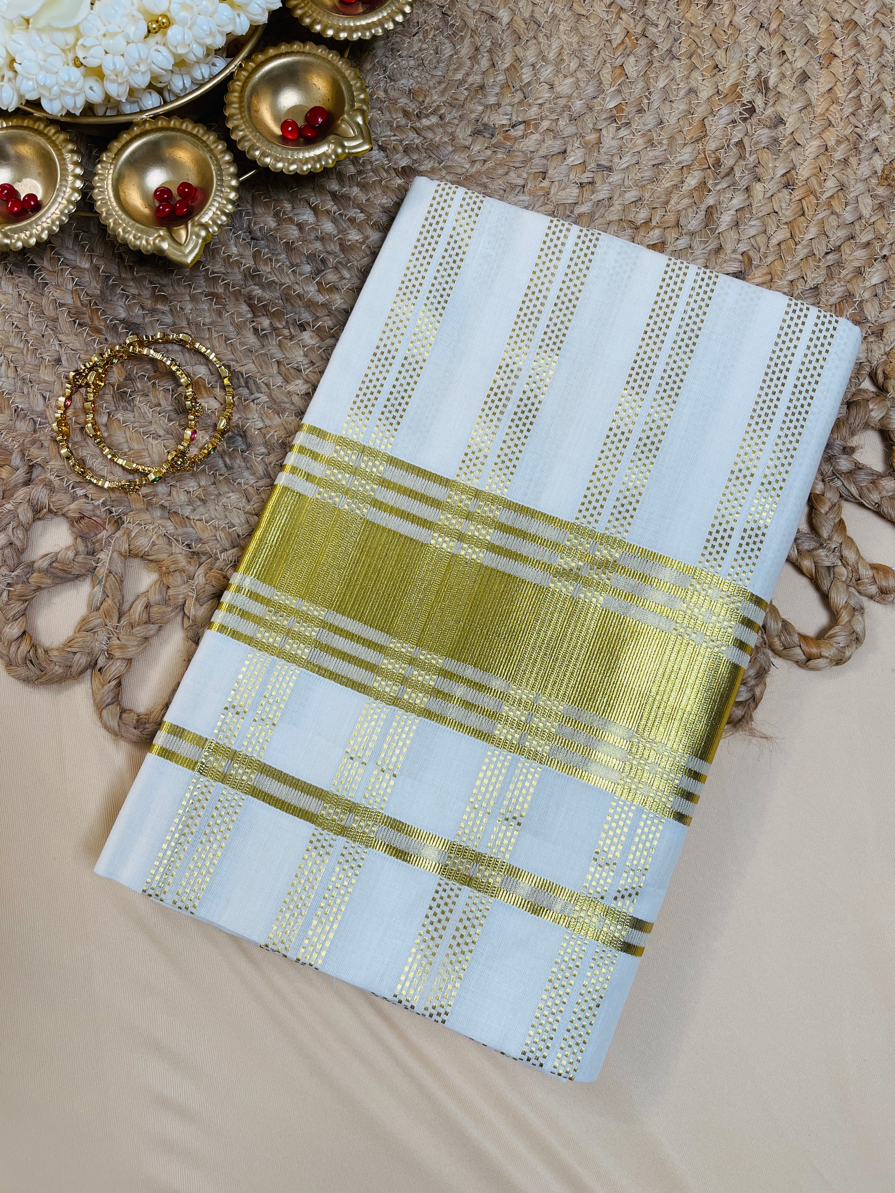 Golden kasavu stripes Cotton Set Saree with Border
