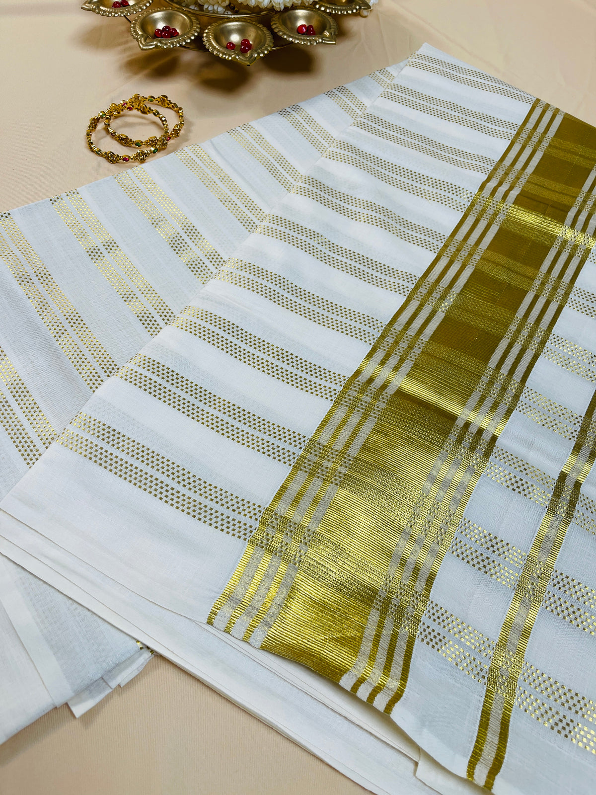 Golden kasavu stripes Cotton Set Saree with Border
