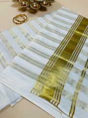 Golden kasavu stripes Cotton Set Saree with Border