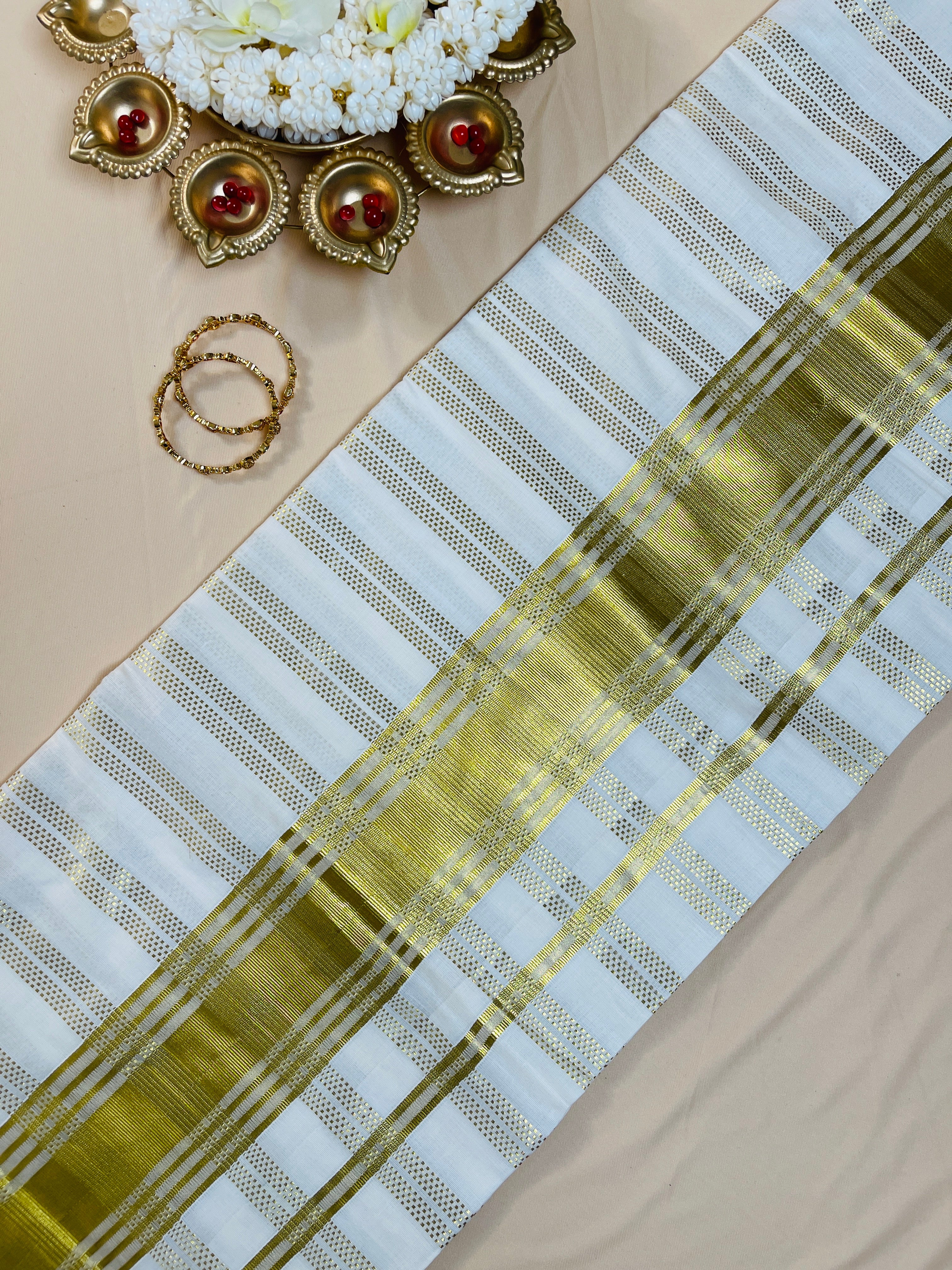 Golden kasavu stripes Cotton Set Saree with Border