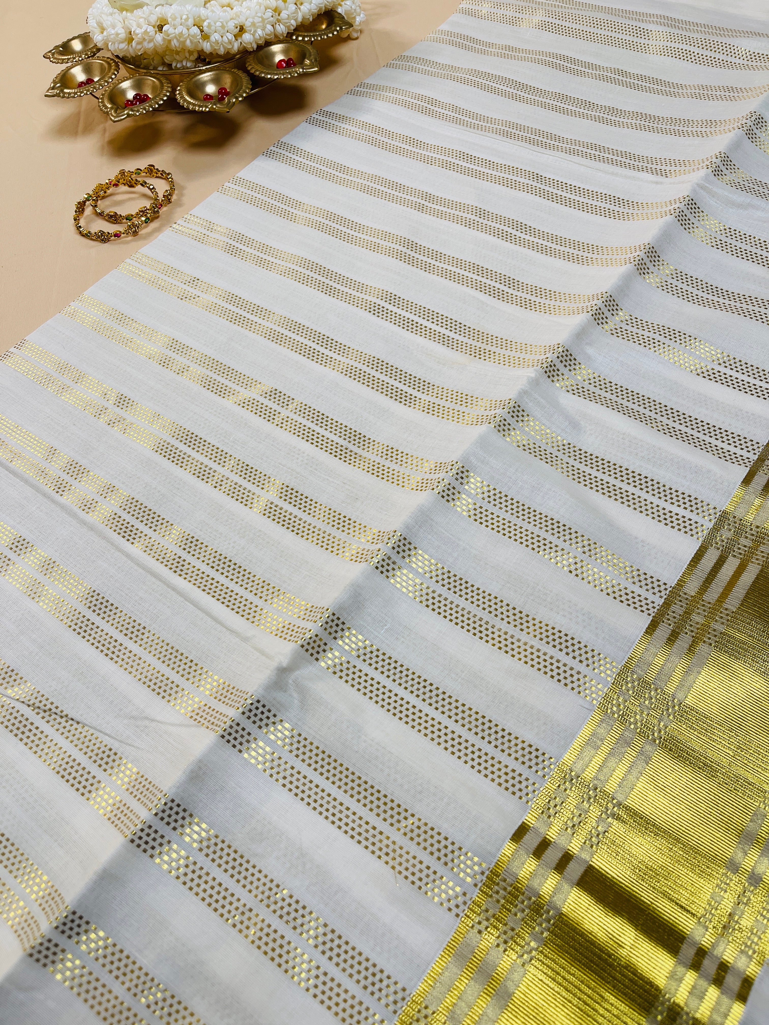 Golden kasavu stripes Cotton Set Saree with Border