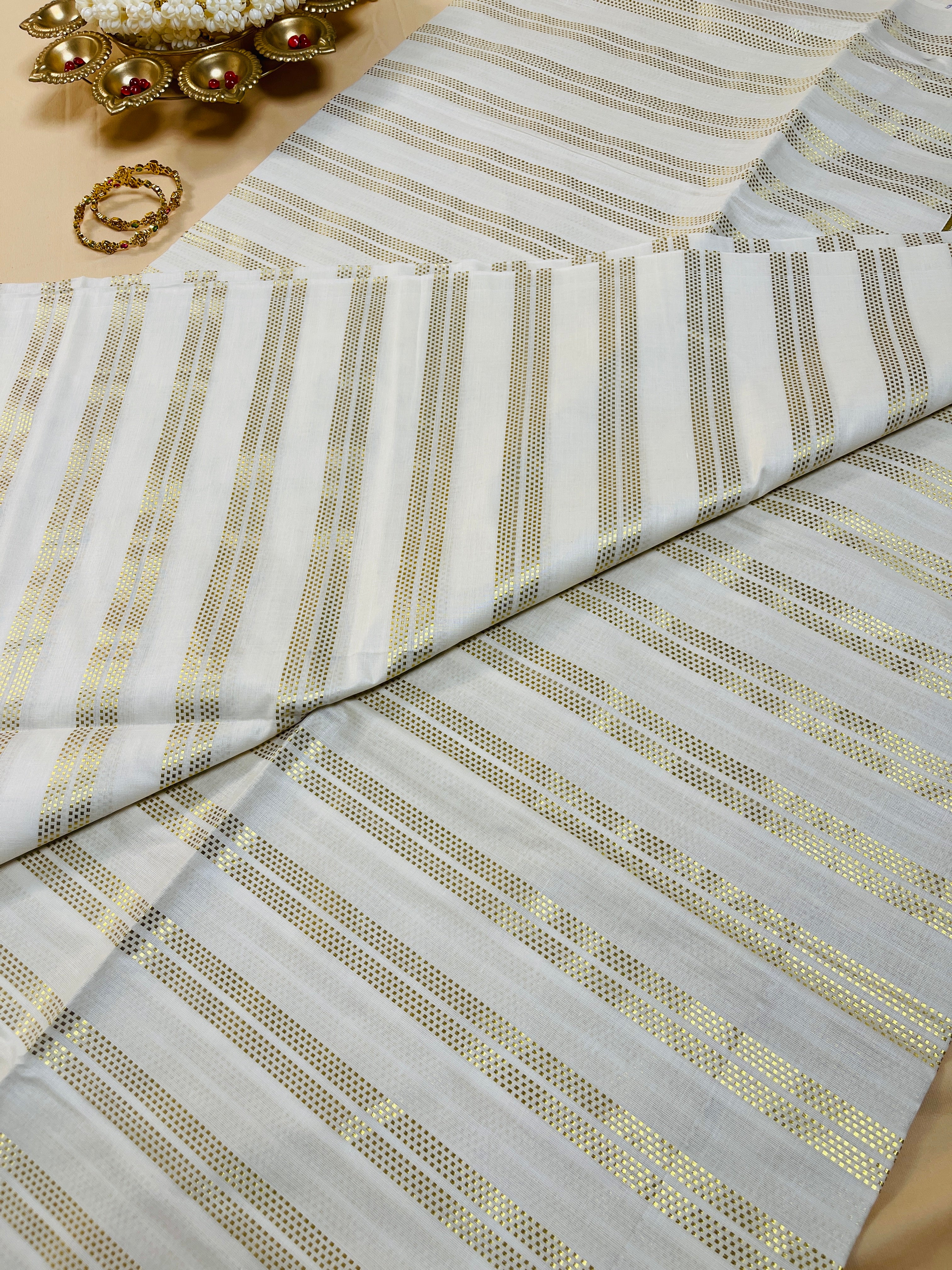 Golden kasavu stripes Cotton Set Saree with Border