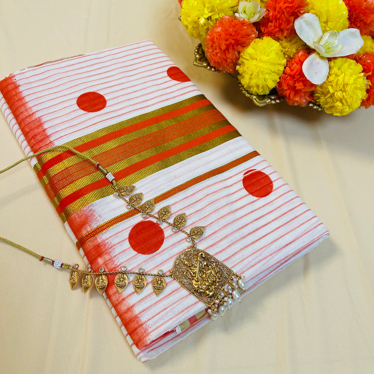 Polka dot Orange Stripes Cotton Set Saree