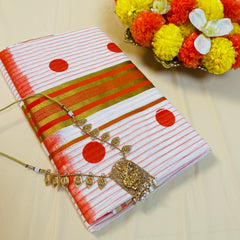 Polka dot Orange Stripes Cotton Set Saree