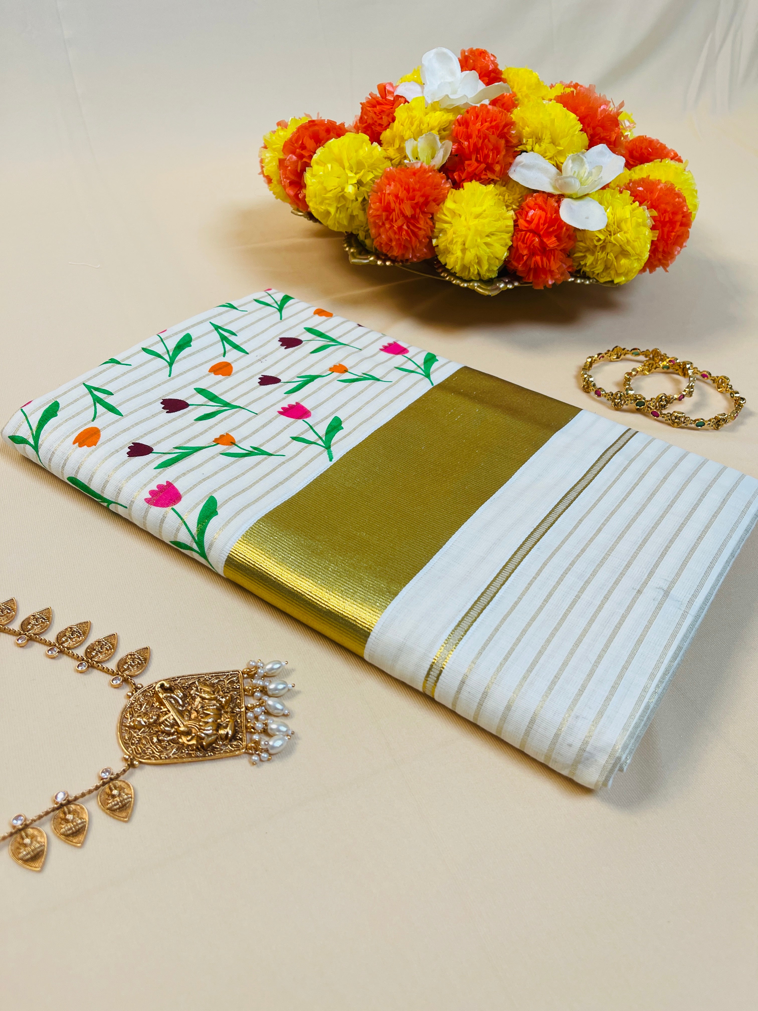 Poonthennal Stripes Set Saree