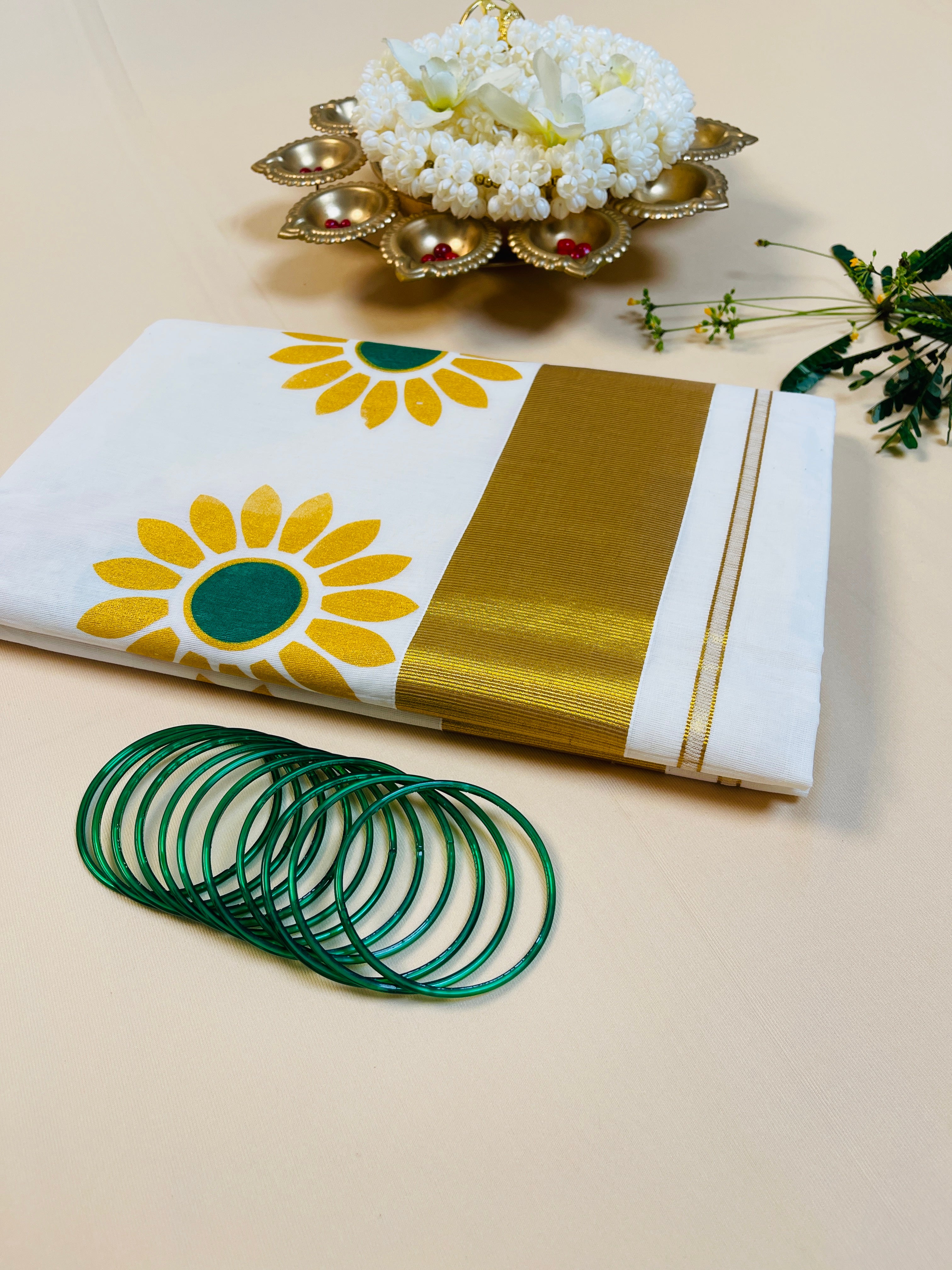 Sunflower Print Cotton Set Saree with Golden Border🌻
