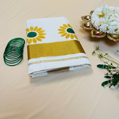 Sunflower Print Cotton Set Saree with Golden Border🌻