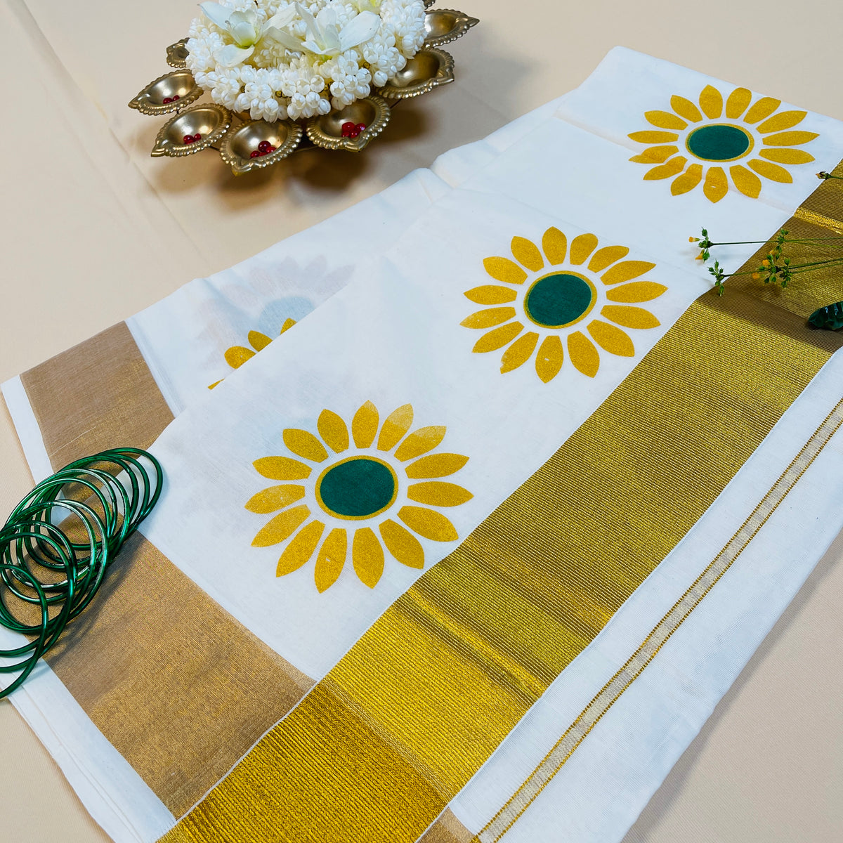 Sunflower Print Cotton Set Saree with Golden Border🌻