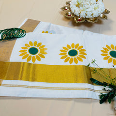 Sunflower Print Cotton Set Saree with Golden Border🌻