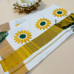 Sunflower Print Cotton Set Saree with Golden Border🌻