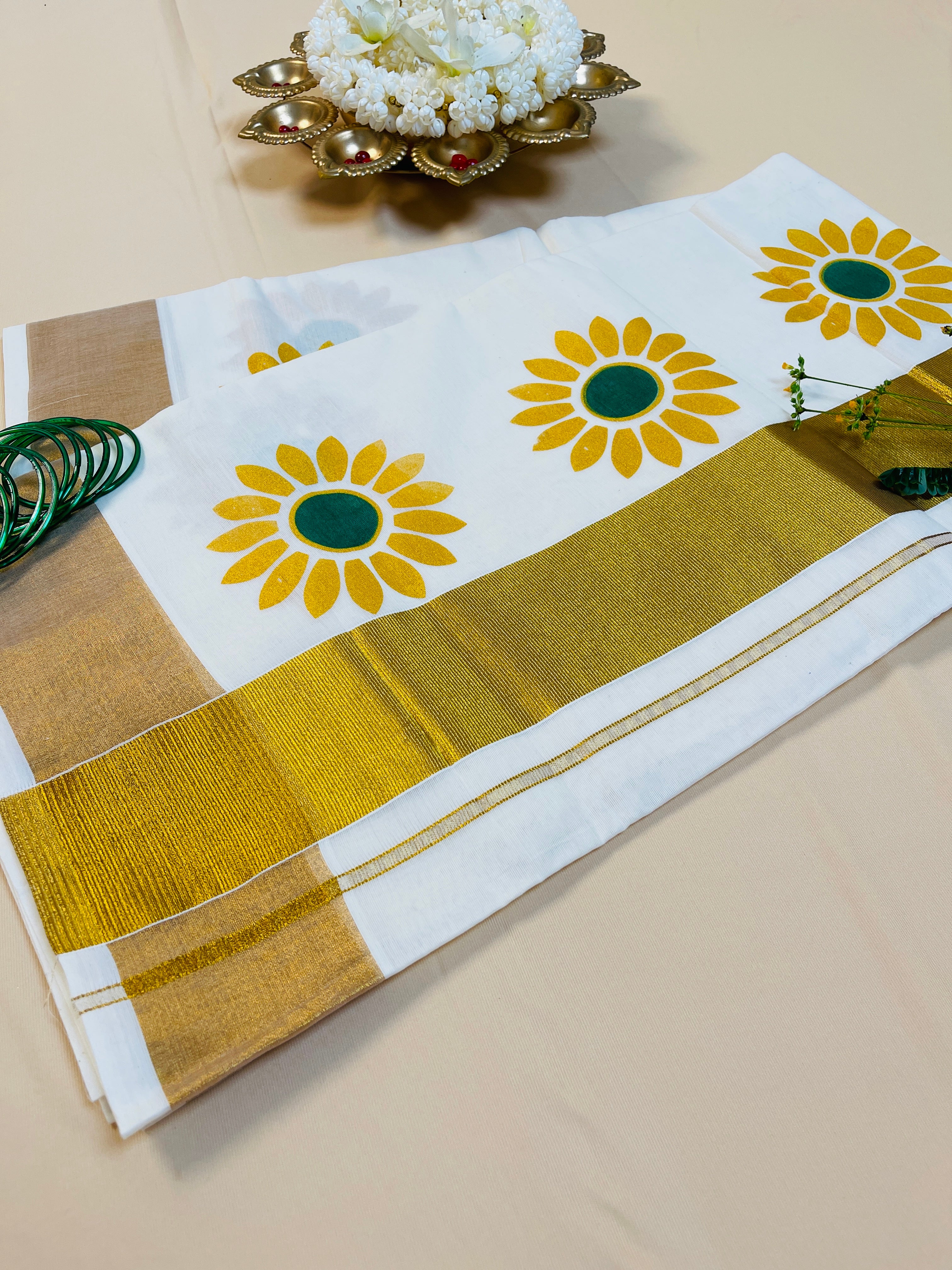Sunflower Print Cotton Set Saree with Golden Border🌻