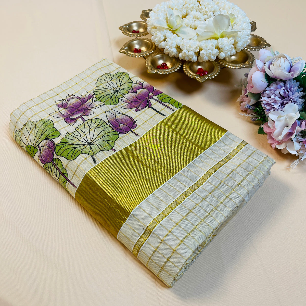 Purple Lotus Print Cotton Set Saree with Golden Border