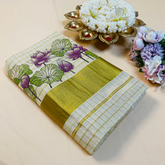 Purple Lotus Print Cotton Set Saree with Golden Border