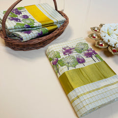Purple Lotus Print Cotton Set Saree with Golden Border