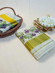 Purple Lotus Print Cotton Set Saree with Golden Border