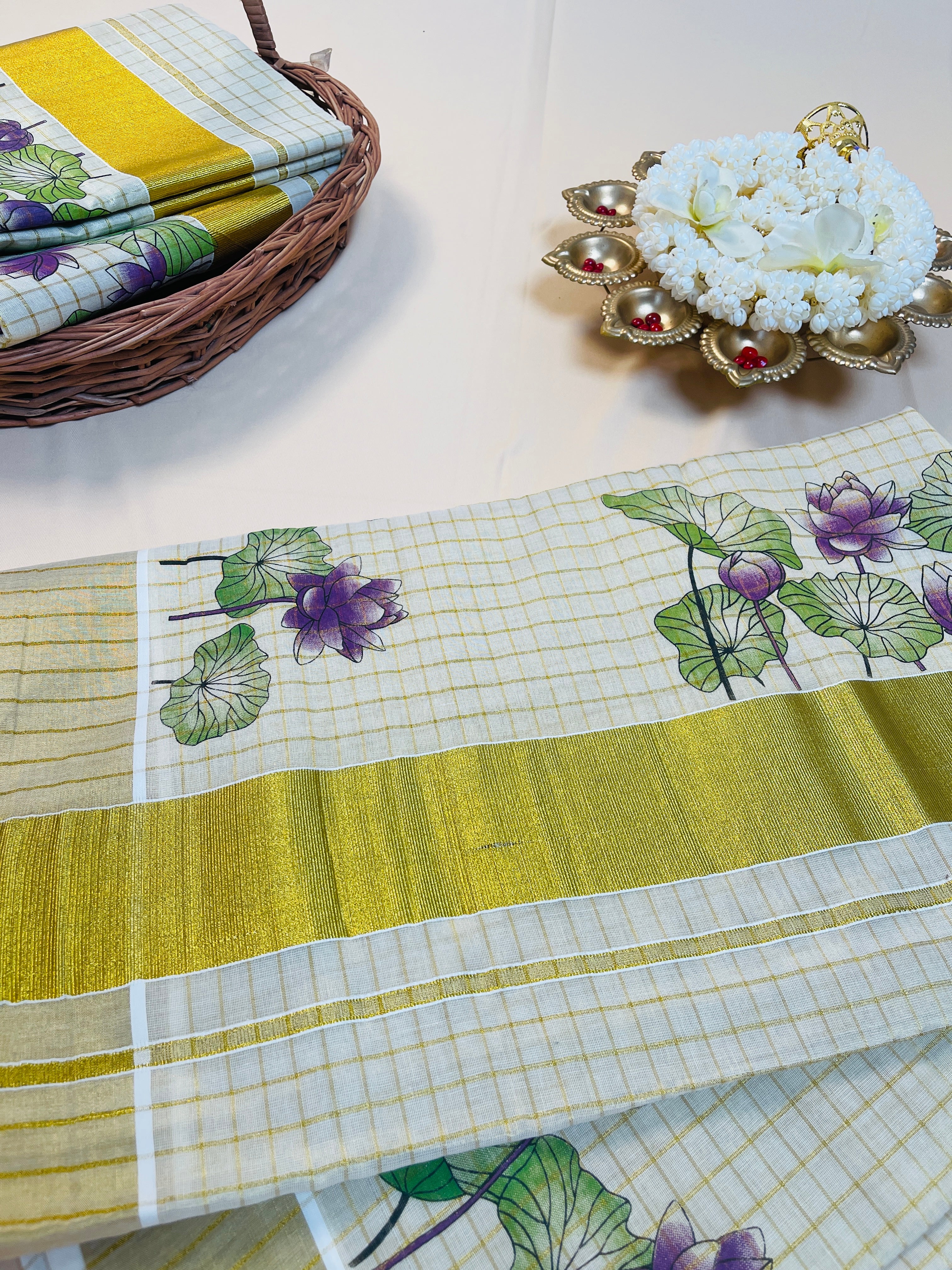 Purple Lotus Print Cotton Set Saree with Golden Border