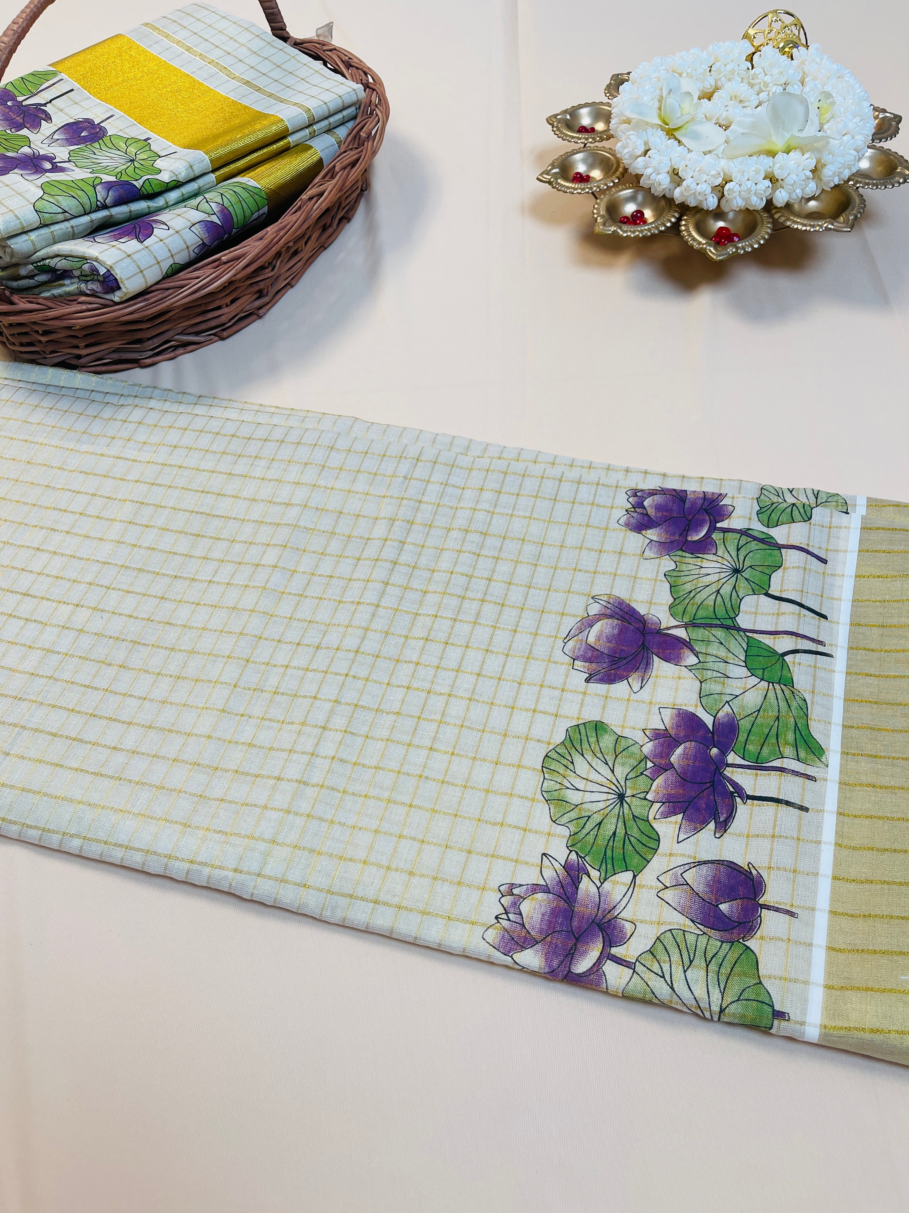 Purple Lotus Print Cotton Set Saree with Golden Border