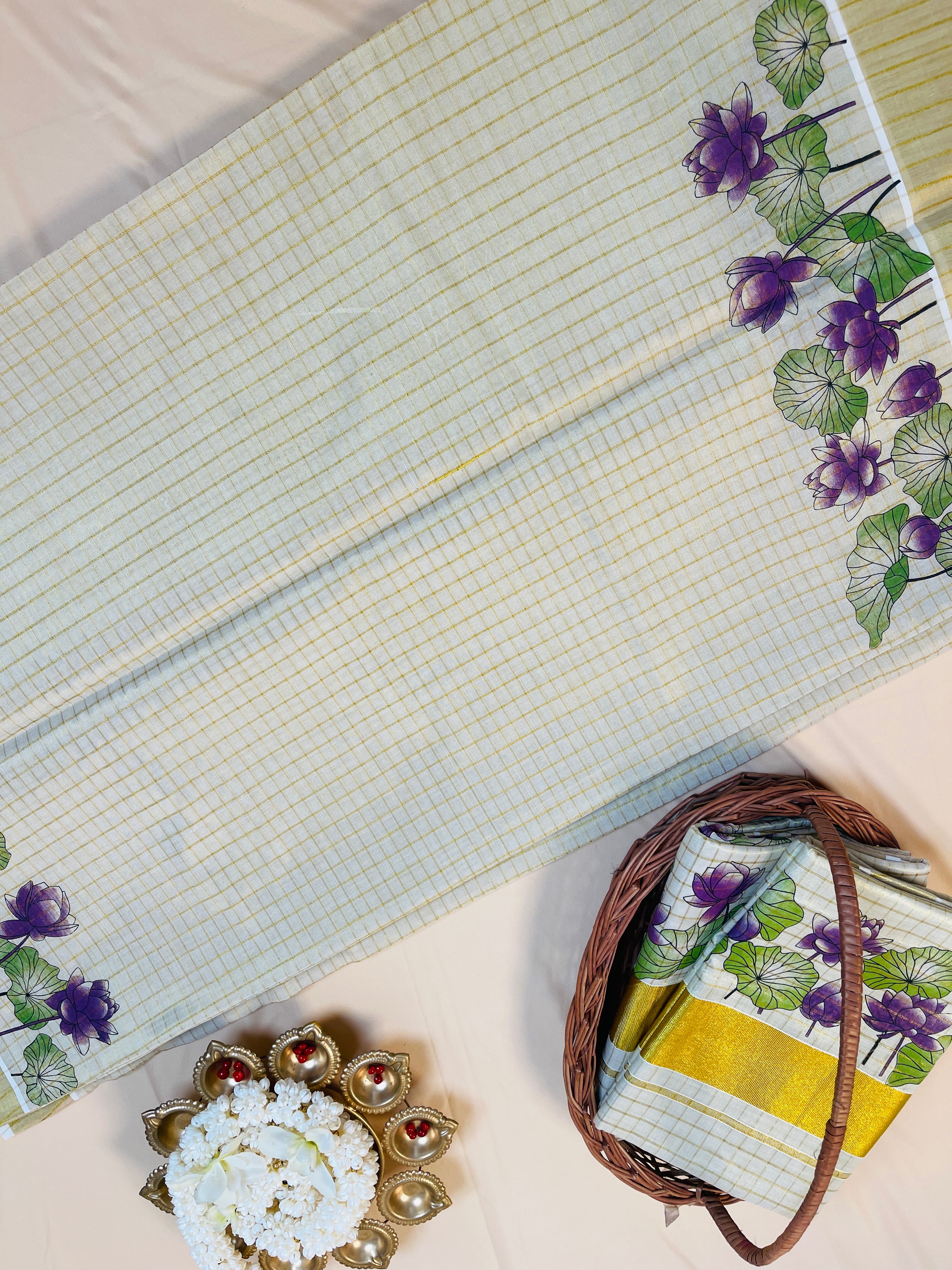 Purple Lotus Print Cotton Set Saree with Golden Border