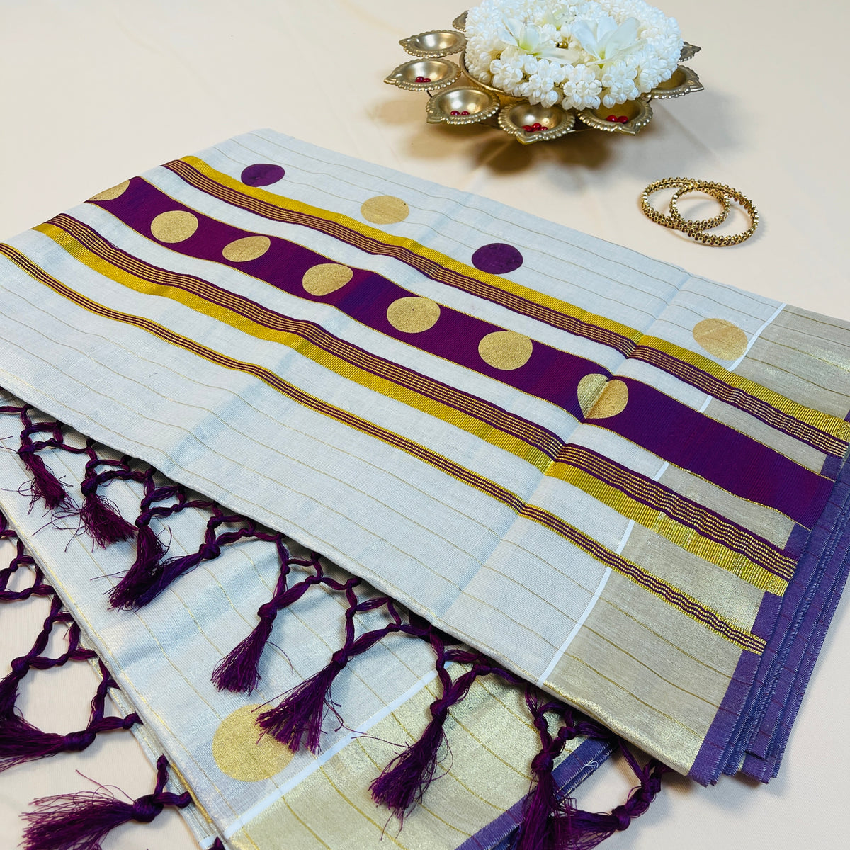 Vadamalli Golden Polka Stripes Tissue Set Saree With Tassels